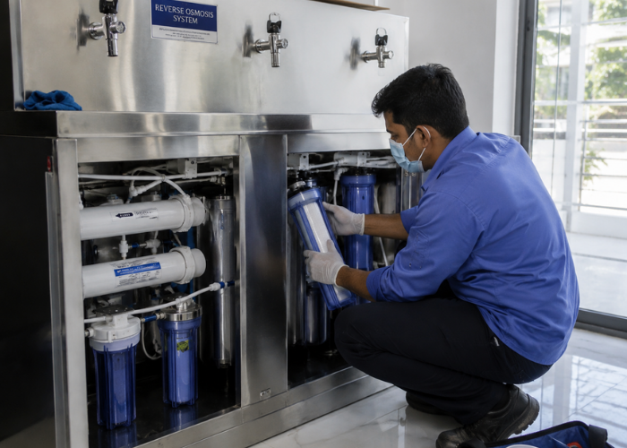 Technician inspecting service equipment