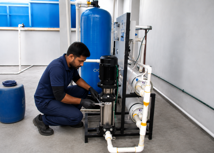 Industrial technician inspecting RO plant equipment