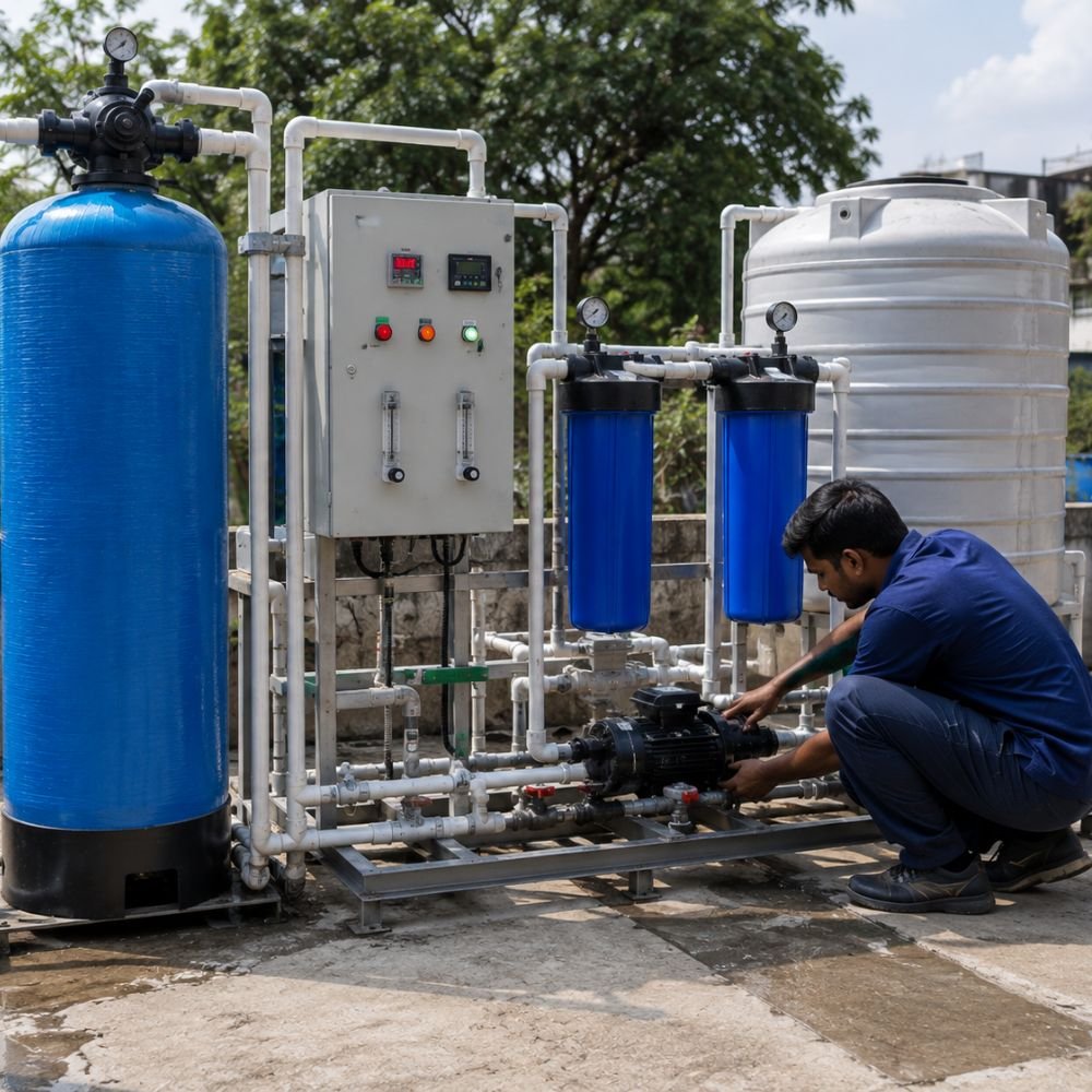 Technician inspecting iron treatment equipment