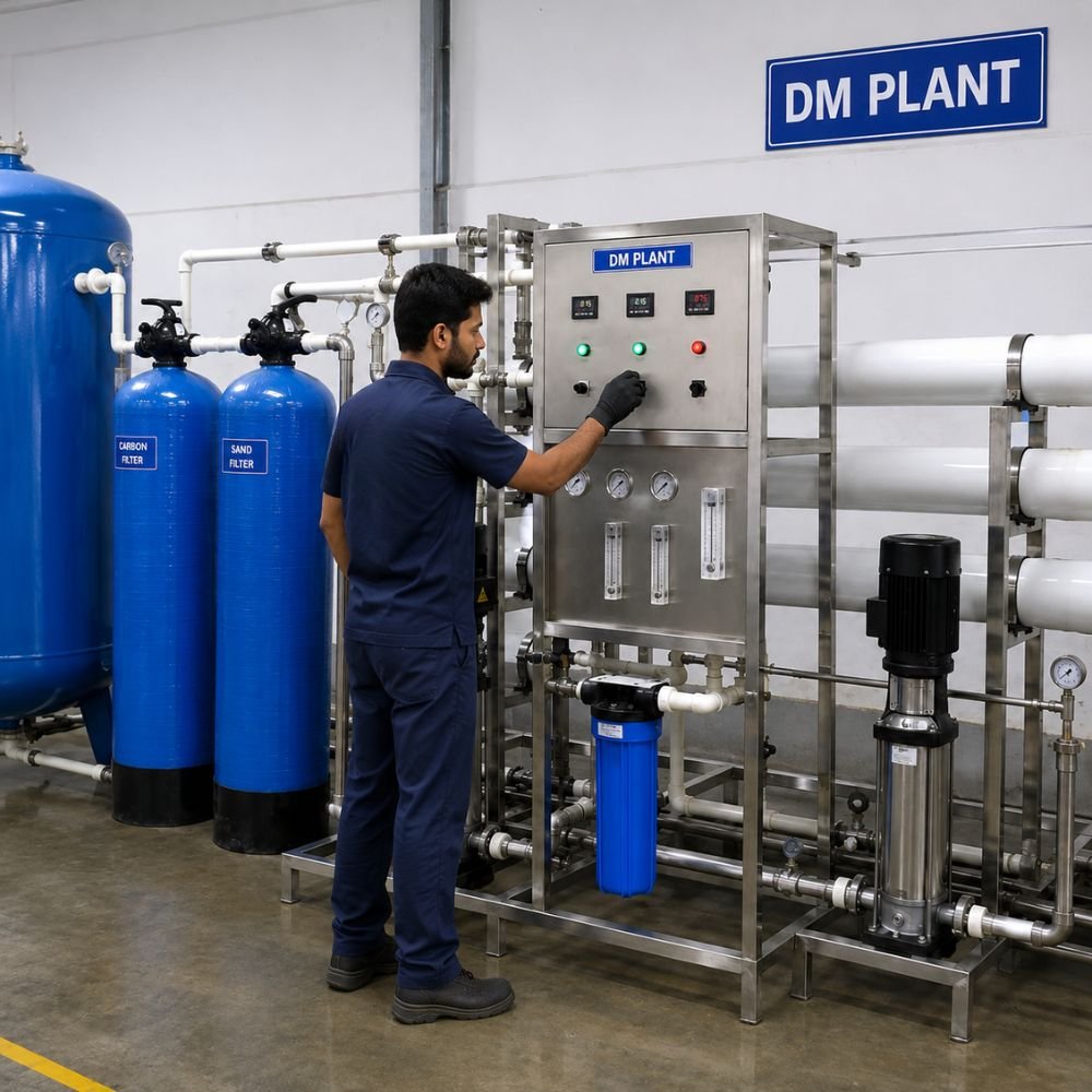 Industrial technician inspecting DM plant equipment